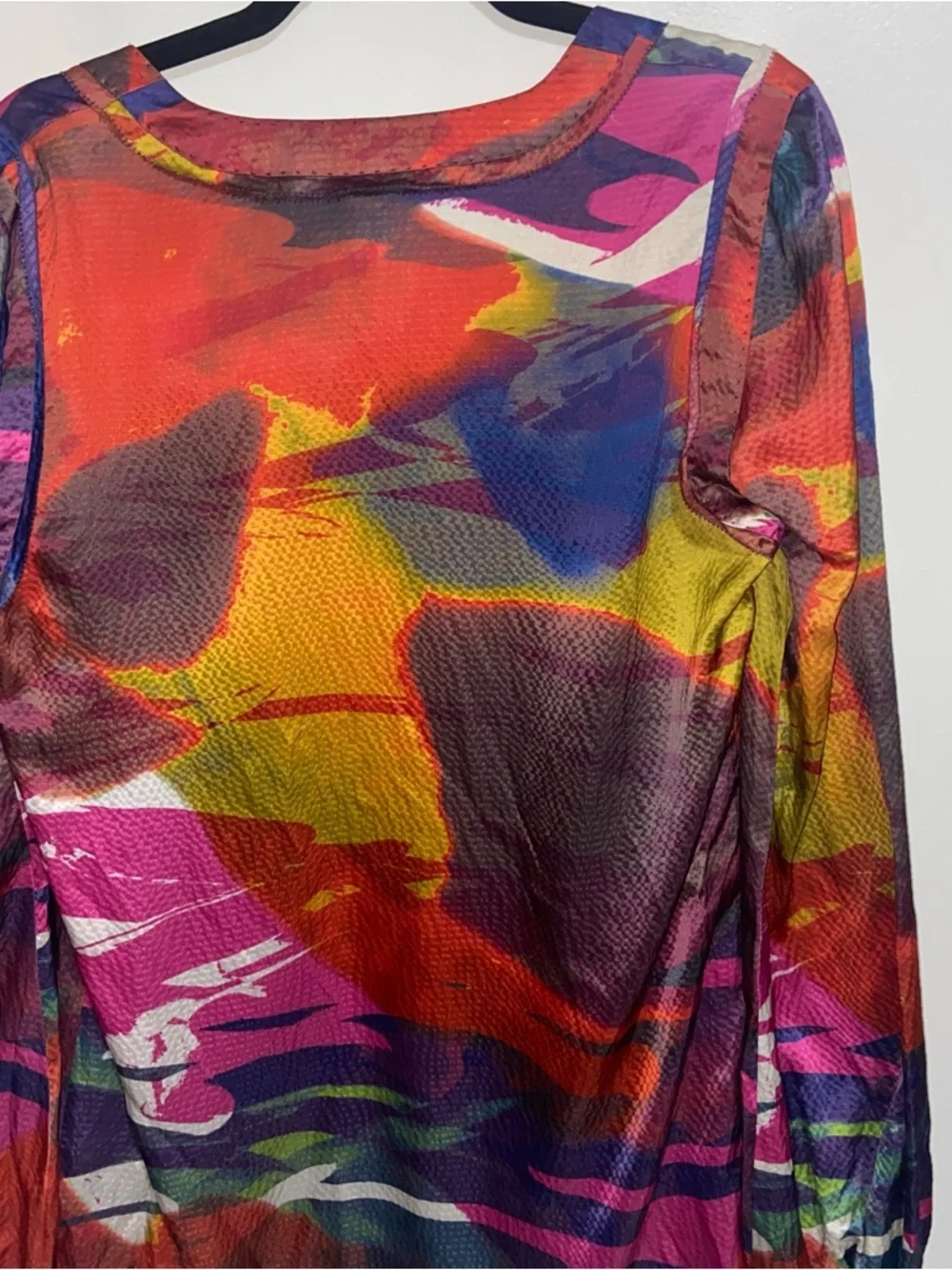 Tory Burch Top Womens Size 10 Hammered Silk Long Sleeve Blouse Tassels Abstract